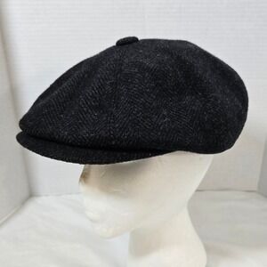 Kooringal Mens Newsboy Flat Cap Black Herringbone Wool Blend Driving Hat 59cm